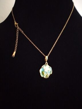 Gold Tone Frame Floral Enamel Pendant Necklace - Blue/White